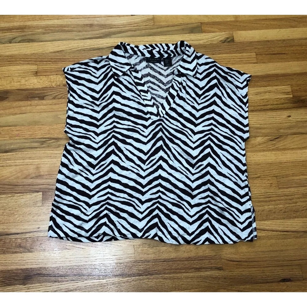 Tahari Blouse‎ Top Shirt Women's XL White Brown Zebra Print Spread 100% Linen